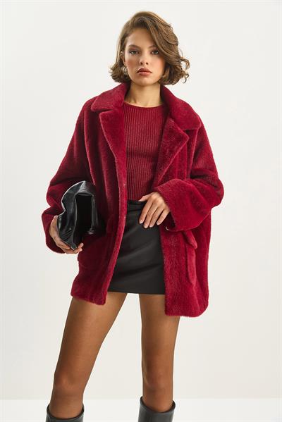 Çift Cepli Oversize Peluş Mont 1611 60261097 - Kadife Kırmızı