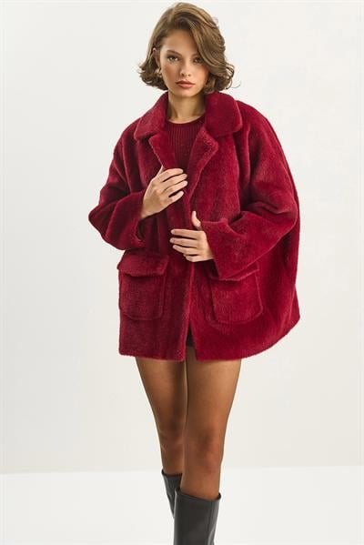 Çift Cepli Oversize Peluş Mont 1611 60261097 - Kadife Kırmızı