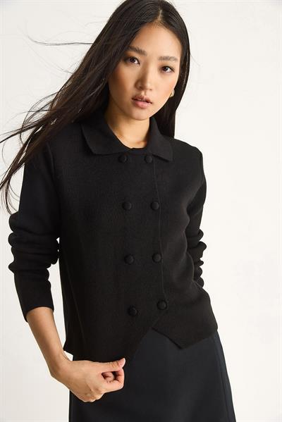 Çift Düğme Detaylı Kruvaze Hırka 20247590 - Siyah