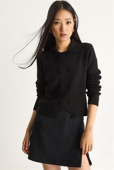 Çift Düğme Detaylı Kruvaze Hırka 20247590 - Siyah