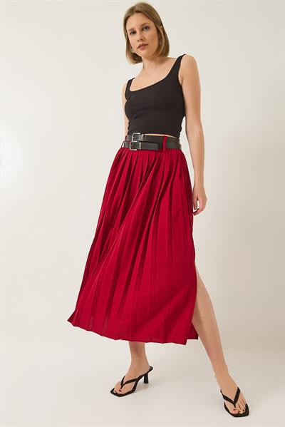 Kadın Çift Kemerli Yırtmaç Detaylı Piliseli Uzun Etek 7167 60283219 - Bordo