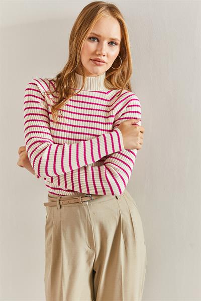 Kadın Çizgili Balıkçı Yaka Kazak 20234213 - Krem-Fuşya