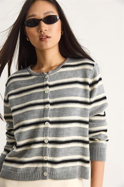 Çizgili Bisiklet Yaka Triko Hırka 20247570 - Gri