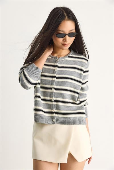 Çizgili Bisiklet Yaka Triko Hırka 20247570 - Gri