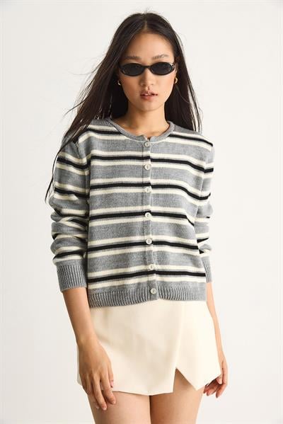 Çizgili Bisiklet Yaka Triko Hırka 20247570 - Gri