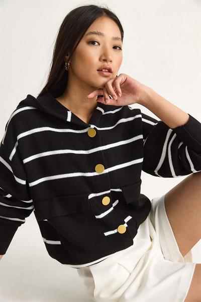 Çizgili Büyük Cepli Kapüşonlu Hırka 20246318 - Siyah-Ekru