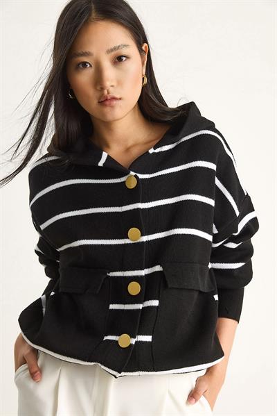 Çizgili Büyük Cepli Kapüşonlu Hırka 20246318 - Siyah-Ekru