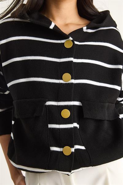 Çizgili Büyük Cepli Kapüşonlu Hırka 20246318 - Siyah-Ekru