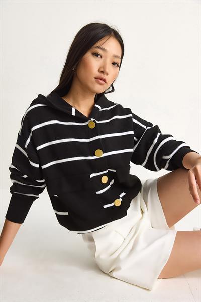 Çizgili Büyük Cepli Kapüşonlu Hırka 20246318 - Siyah-Ekru
