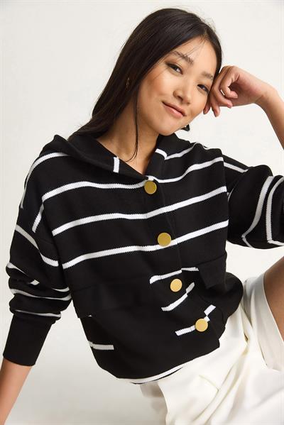 Çizgili Büyük Cepli Kapüşonlu Hırka 20246318 - Siyah-Ekru