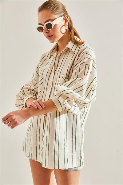 Kadın Çizgili Çift Cepli Keten Gömlek 60171032 - Bej-Yeşil