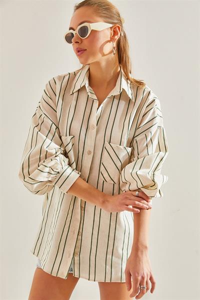 Kadın Çizgili Çift Cepli Keten Gömlek 60171032 - Bej-Yeşil