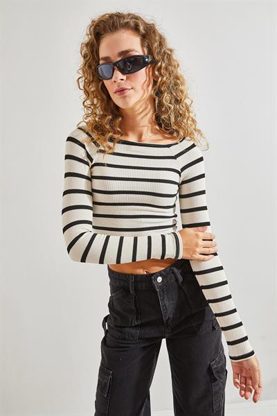 Kadın Çizgili Crop Bluz 40991038 - Beyaz-Siyah