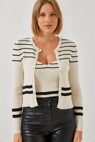 Çizgili Düğmeli İkili Triko Hırka 20246901 - Ekru