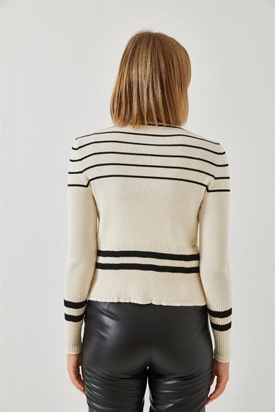 Çizgili Düğmeli İkili Triko Hırka 20246901 - Ekru