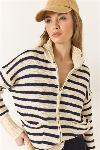 Çizgili Fermuarlı Triko Hırka 20246314 - Ekru-Lacivert