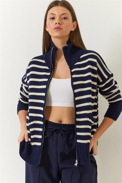 Çizgili Fermuarlı Triko Hırka 20246314 - Lacivert-Ekru