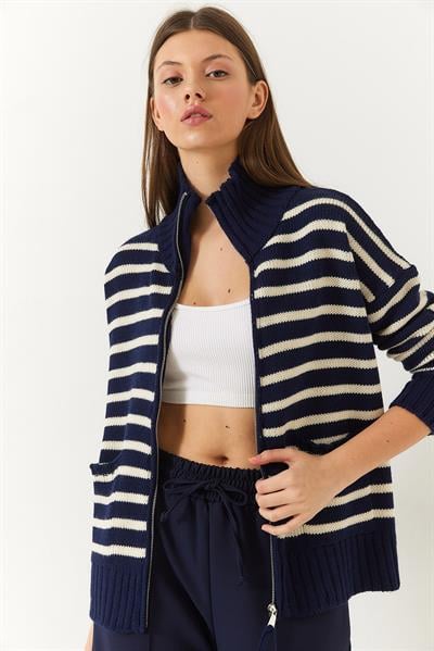 Çizgili Fermuarlı Triko Hırka 20246314 - Lacivert-Ekru