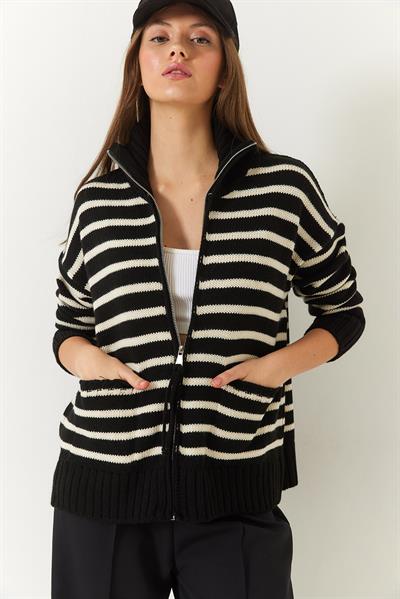 Çizgili Fermuarlı Triko Hırka 20246314 - Siyah-Ekru