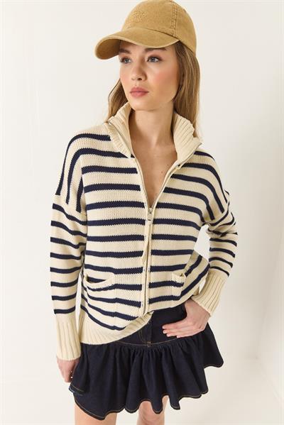 Çizgili Fermuarlı Triko Hırka 20246314 - Ekru-Lacivert
