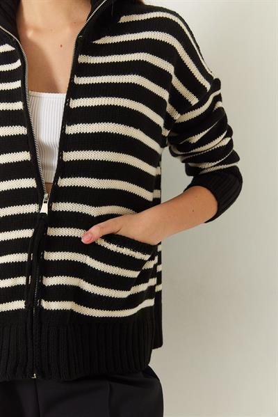 Çizgili Fermuarlı Triko Hırka 20246314 - Siyah-Ekru
