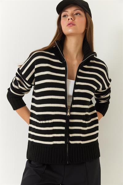 Çizgili Fermuarlı Triko Hırka 20246314 - Siyah-Ekru