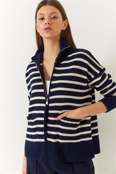 Çizgili Fermuarlı Triko Hırka 20246314 - Lacivert-Ekru