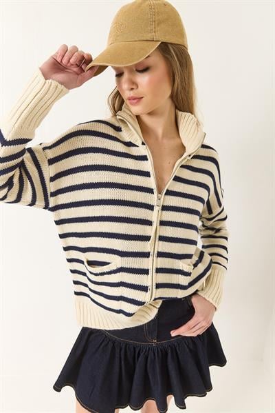 Çizgili Fermuarlı Triko Hırka 20246314 - Ekru-Lacivert