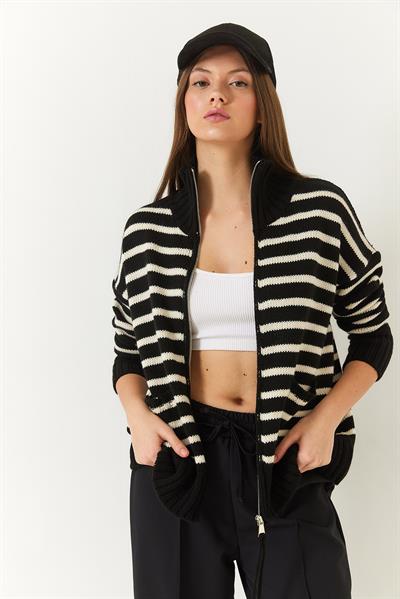 Çizgili Fermuarlı Triko Hırka 20246314 - Siyah-Ekru
