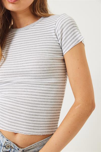 Kadın Çizgili Fitilli Kaşkorse Basic T-Shirt 60261475 - Gri-Beyaz