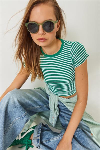Kadın Çizgili Fitilli Kaşkorse Basic T-Shirt 60261475 - Yeşil-Beyaz
