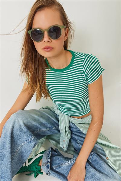 Kadın Çizgili Fitilli Kaşkorse Basic T-Shirt 60261475 - Yeşil-Beyaz