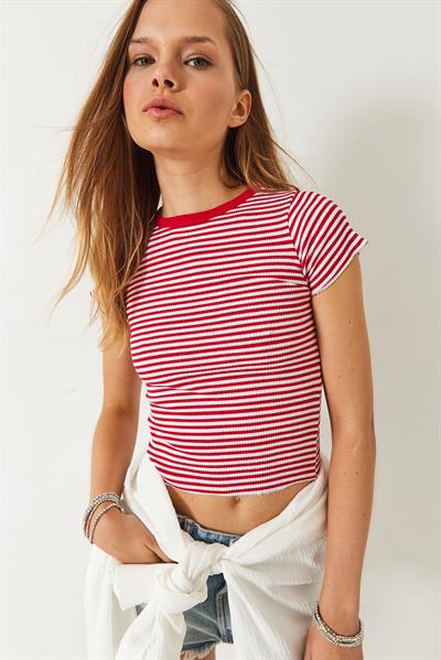 Kadın Çizgili Fitilli Kaşkorse Basic T-Shirt 60261475 - Kırmızı-Beyaz