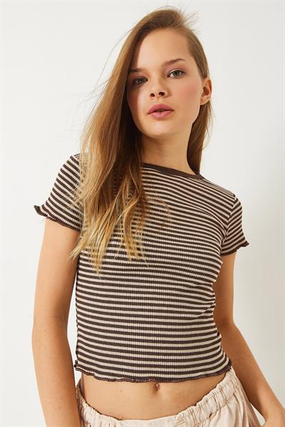 Kadın Çizgili Fitilli Kaşkorse Basic T-Shirt 60261475 - Bej-Kahverengi