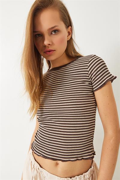 Kadın Çizgili Fitilli Kaşkorse Basic T-Shirt 60261475 - Bej-Kahverengi