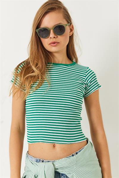 Kadın Çizgili Fitilli Kaşkorse Basic T-Shirt 60261475 - Yeşil-Beyaz