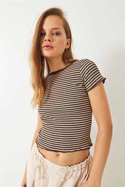 Kadın Çizgili Fitilli Kaşkorse Basic T-Shirt 60261475 - Bej-Kahverengi