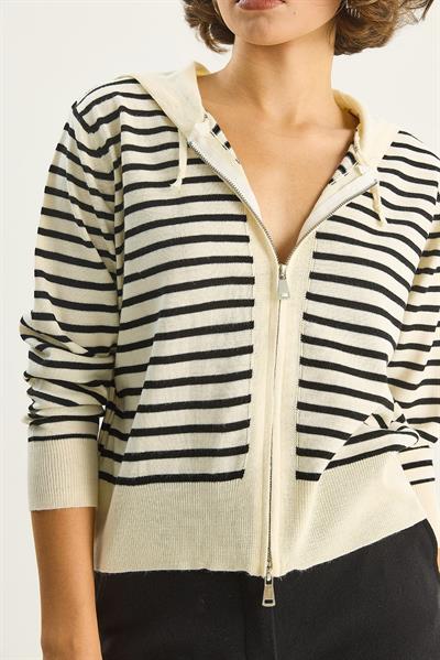 Kadın Çizgili Kapüşonlu Çift Fermuarlı Basic Hırka 20246865 - Ekru-Siyah