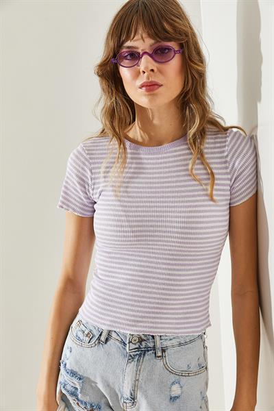 Kadın Çizgili Kaşkorse Bluz 60161025 - Lila-Beyaz