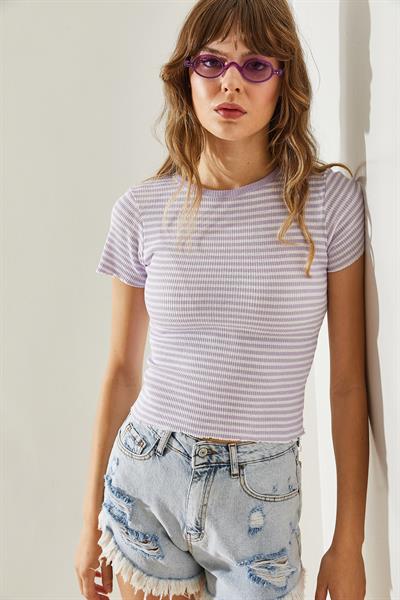Kadın Çizgili Kaşkorse Bluz 60161025 - Lila-Beyaz