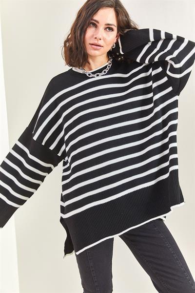 Kadın Çizgili Oversize Triko Kazak 40061026 - Siyah-Beyaz