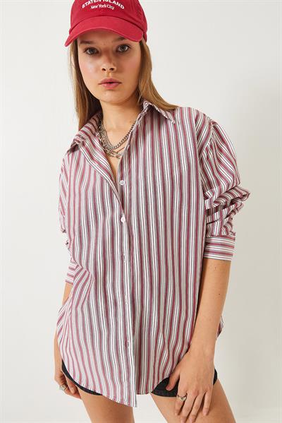 Kadın Çizgili Regular Basic Viskon Gömlek 4766 60283101 - Kırmızı