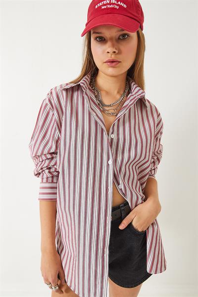 Kadın Çizgili Regular Basic Viskon Gömlek 4766 60283101 - Kırmızı