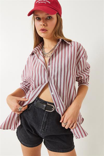 Kadın Çizgili Regular Basic Viskon Gömlek 4766 60283101 - Kırmızı