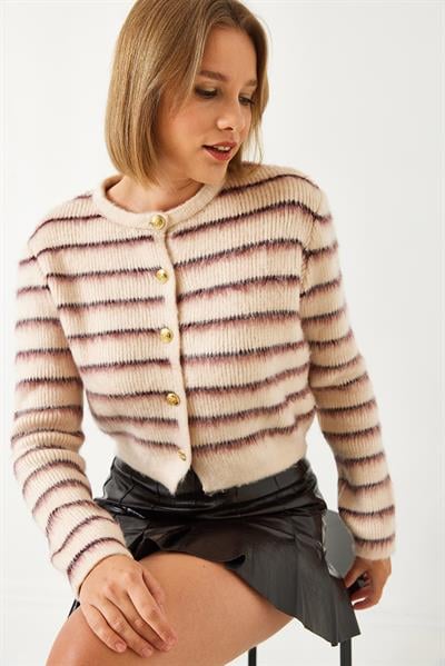 Çizgili Şardonlu Triko Hırka - Çok Renkli