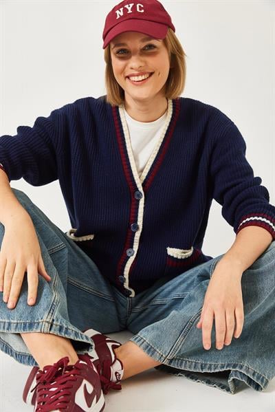 Çizgili Selanik Örgülü Triko Hırka 20246948 - Lacivert