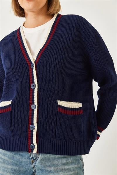 Çizgili Selanik Örgülü Triko Hırka 20246948 - Lacivert