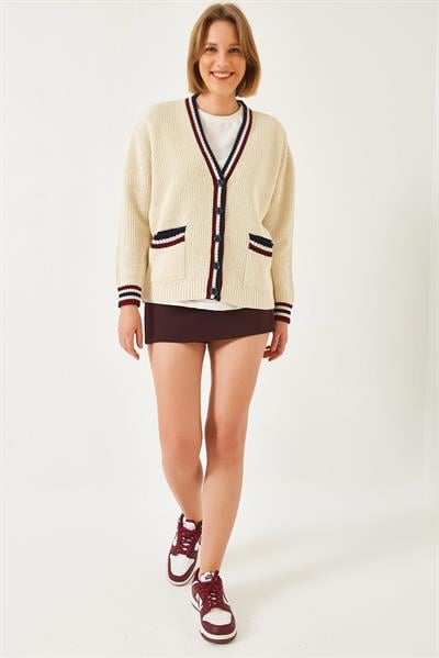Çizgili Selanik Örgülü Triko Hırka 20246948 - Ekru
