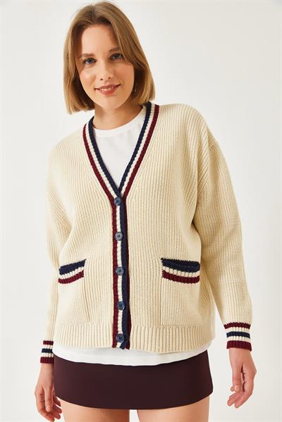 Çizgili Selanik Örgülü Triko Hırka 20246948 - Ekru