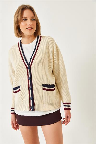 Çizgili Selanik Örgülü Triko Hırka 20246948 - Ekru